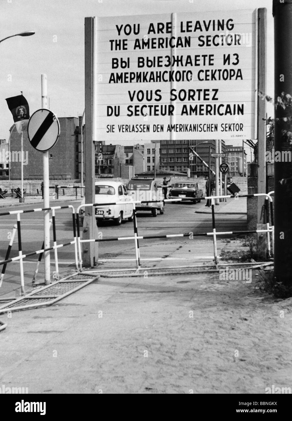geography / travel, Germany, Berlin, wall, Checkpoint Charlie, border crossing for Allied personal, Friedrichstrasse, sign "You are leaving the American Sector", 1963,  , Stock Photo