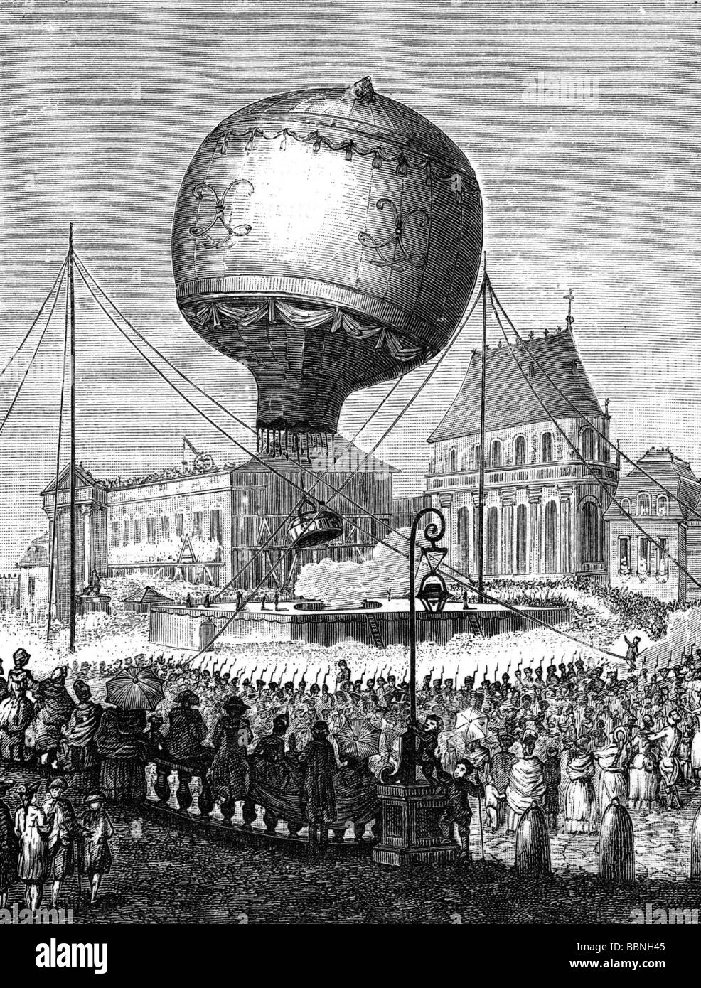 transport / transportation, aviation, balloons, hot-air ballon of brothers Joseph Michel and Jacques Etienne Montgolfier, flight of a unmanned balloon, Versailles Castle, 19.9.1783, Stock Photo