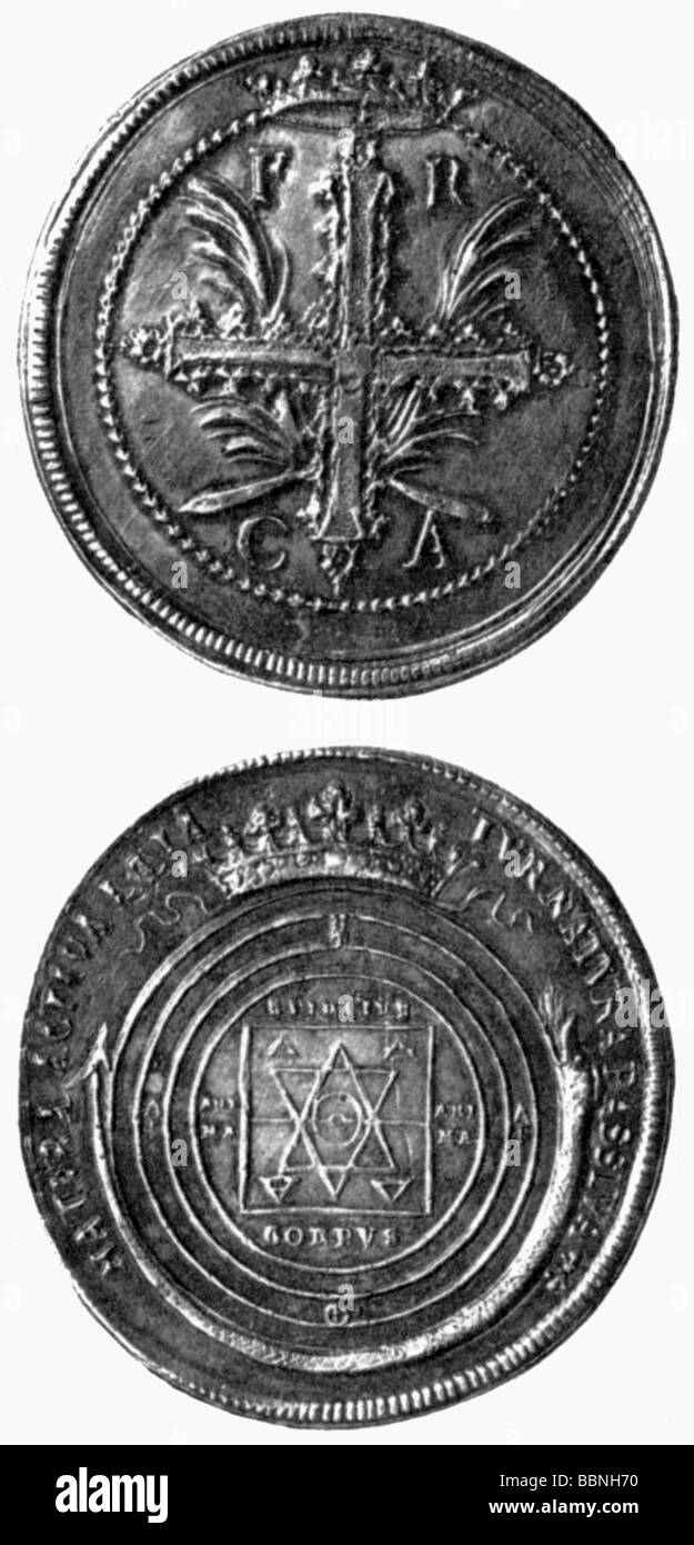 religion, sects, Rosicrucian, symbols, alchemist medal, Germany, circa 1700, Stock Photo