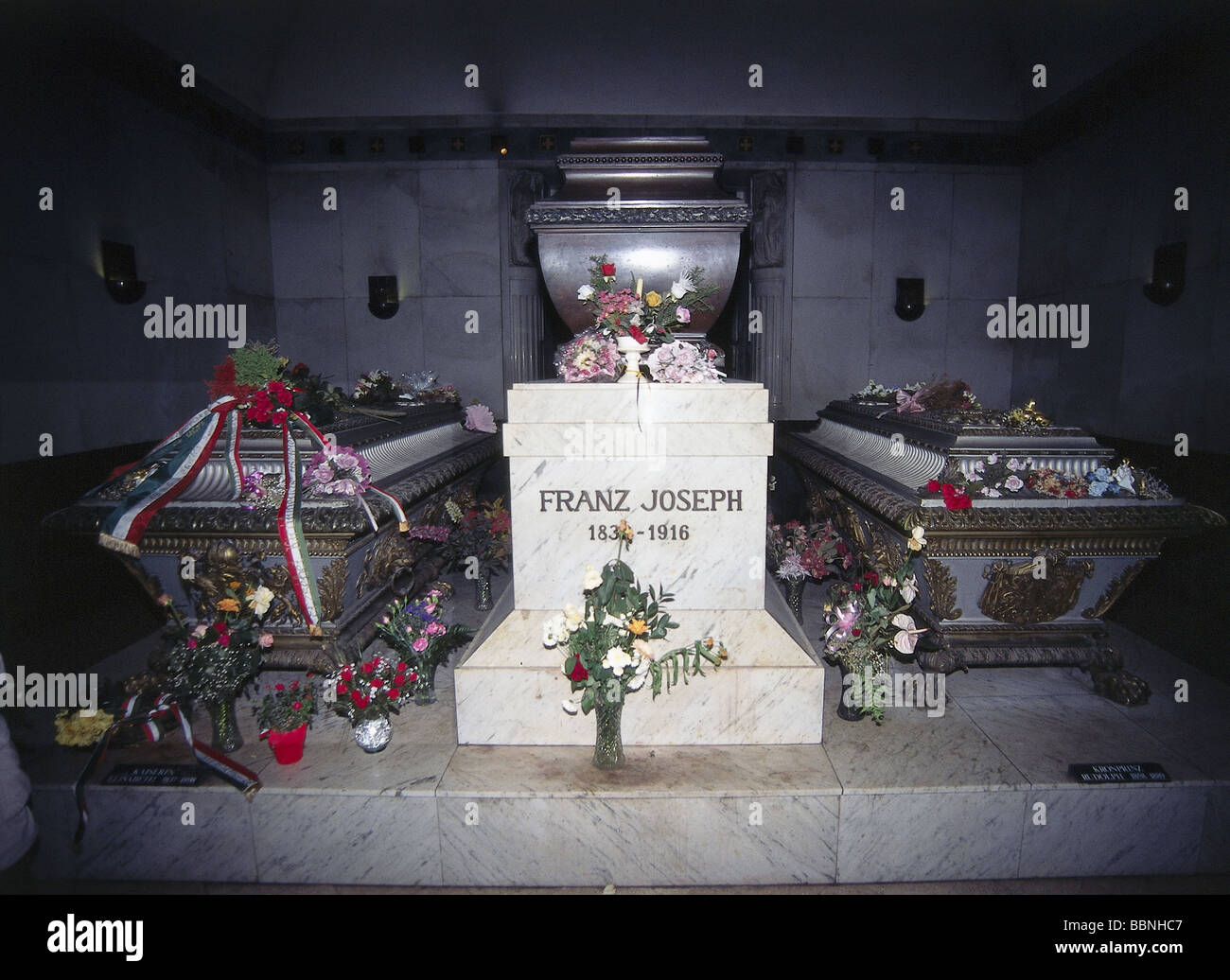 Franz Joseph I, 18.8.1830 - 21.11.1916, Emperor of Austria since 1848, coffin, Kapuzinerkirche, Vienna, mausoleum, left: coffin of Empress Elisabeth (Sisi), right: coffin of Crown Prince Rudolf, Stock Photo