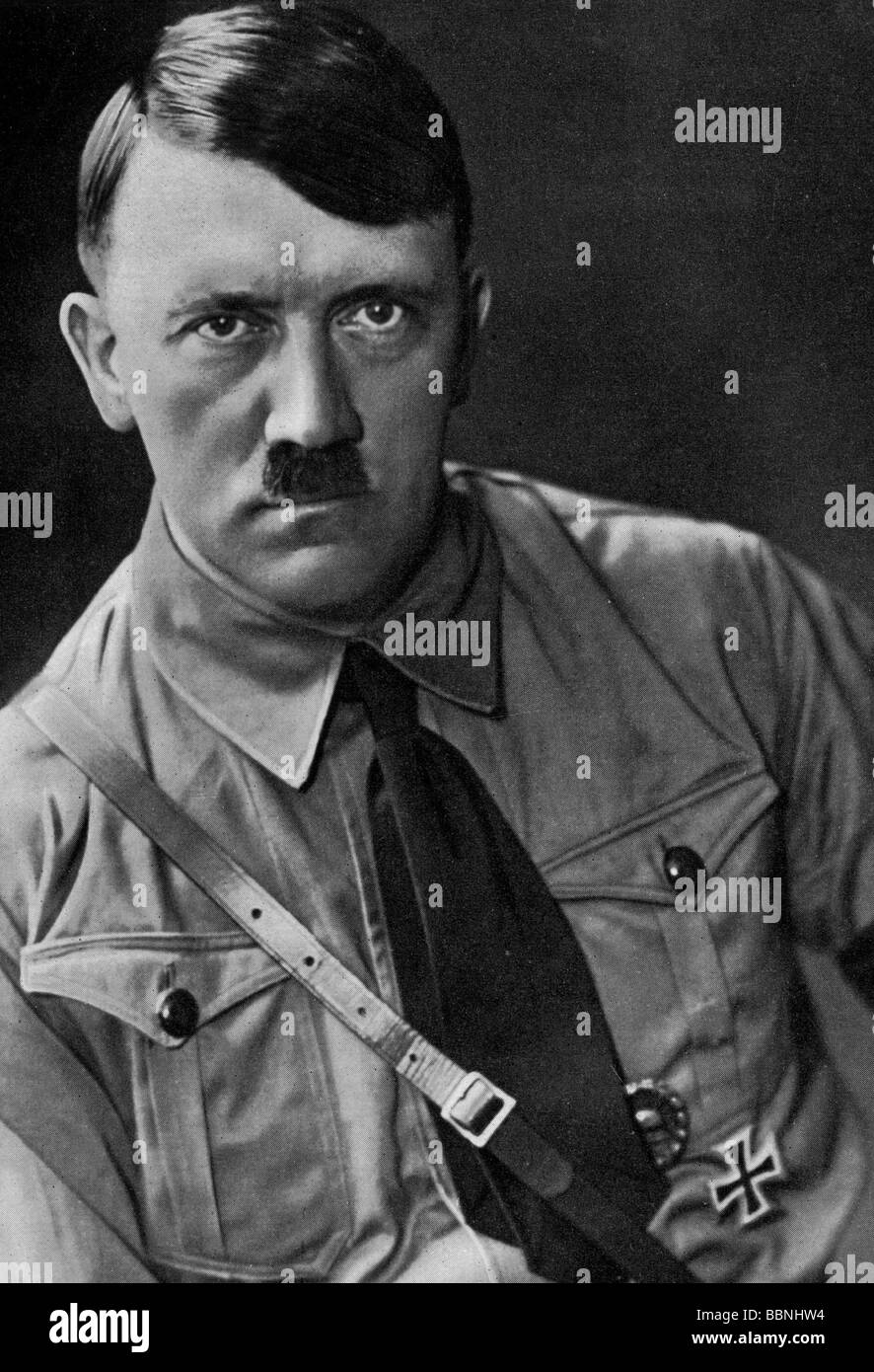 Hitler, Adolf, 20.4.1889 - 30.4.1945, German politician (NSDAP), Fuehrer and Reich Chancellor 30.1.1933 - 30.4.1945, portrait, wearing Nazi party uniform, early 1930s, Stock Photo