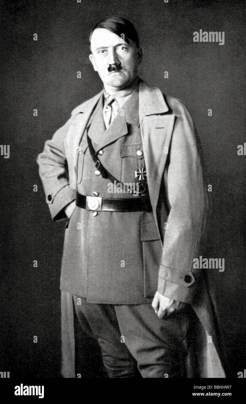 Hitler, Adolf, 20.4.1889 - 30.4.1945, German politician (NSDAP), Fuehrer and Reich Chancellor since 1933, half length, wearing Nazi party uniform and trench coat, , Stock Photo
