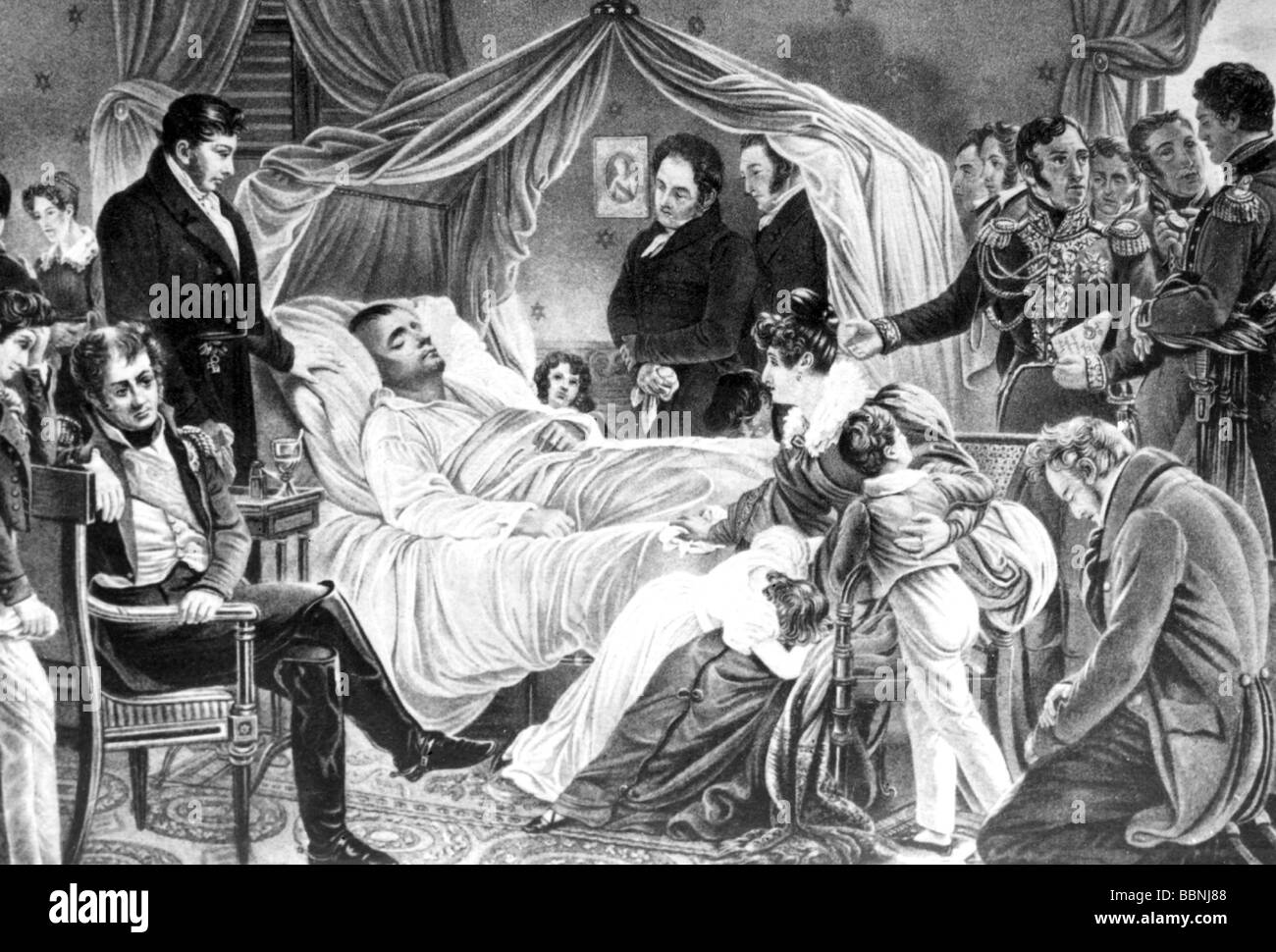Napoleon I, 15.8.1769 - 5.5.1821, Emperor of the French 1804 - 1815, death, on the deathbed, St. Helena, drawing, Stock Photo