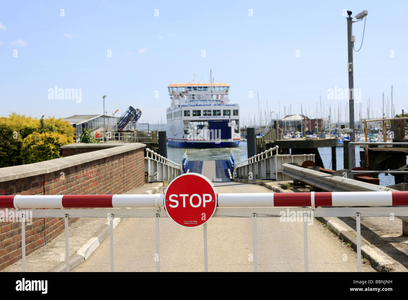 The Isle of Wight ferry at Lymington in Hampshire behind the barrier