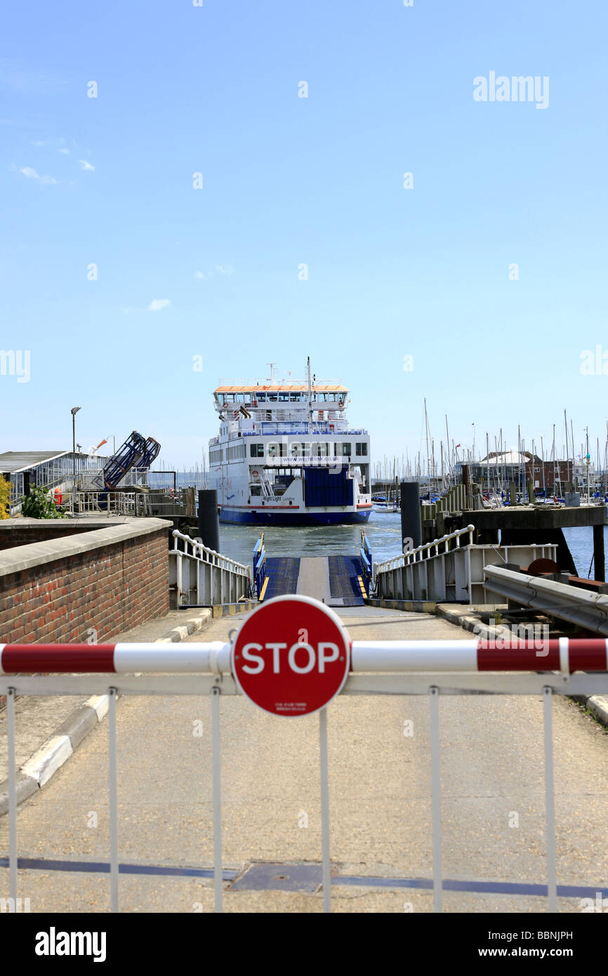 The Isle of Wight ferry at Lymington in Hampshire behind the barrier