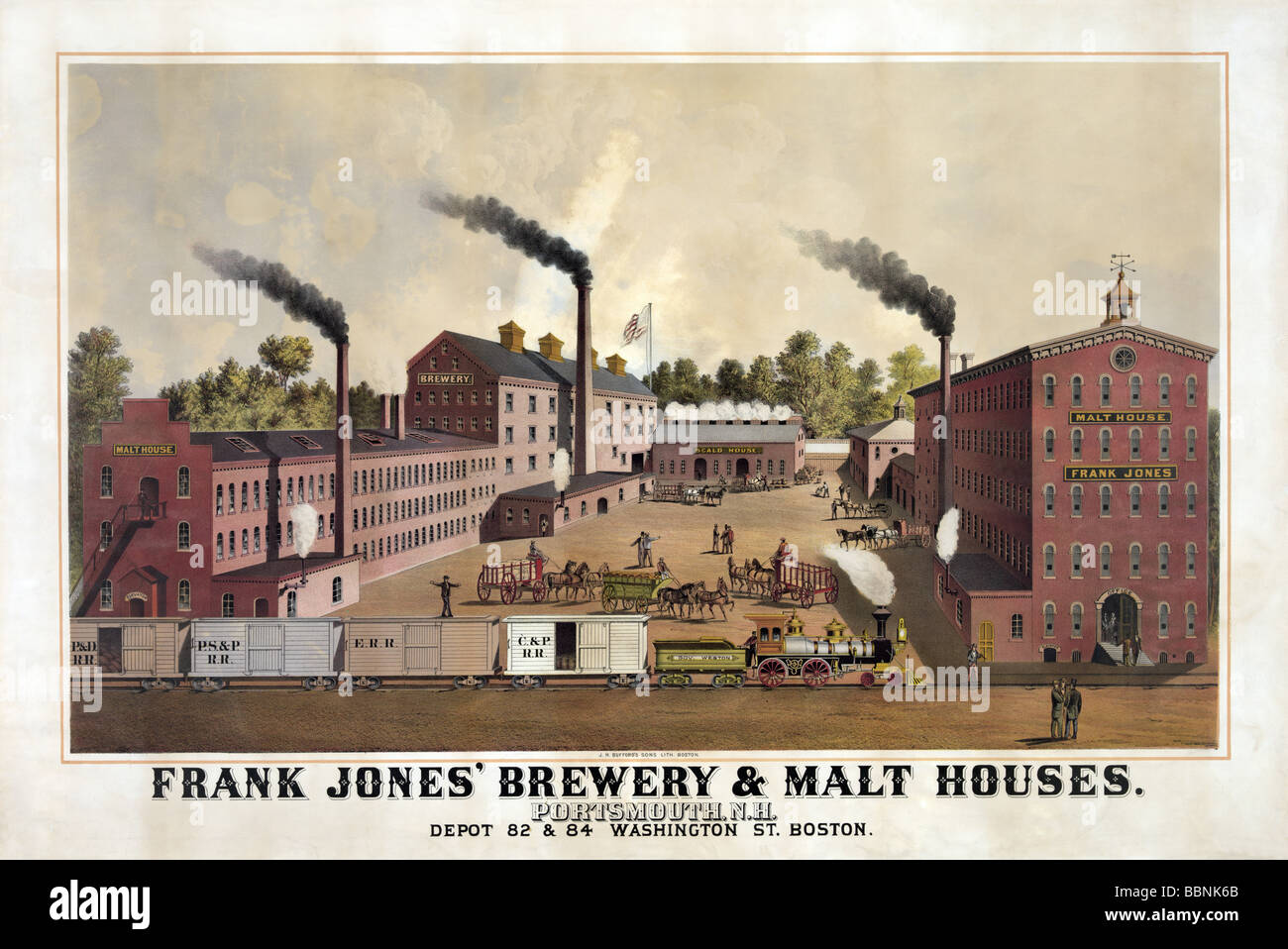 Lithograph print circa 1890s advertising Frank Jones’ Brewery and Malt Houses, of Portsmouth, New Hampshire, USA. Stock Photo