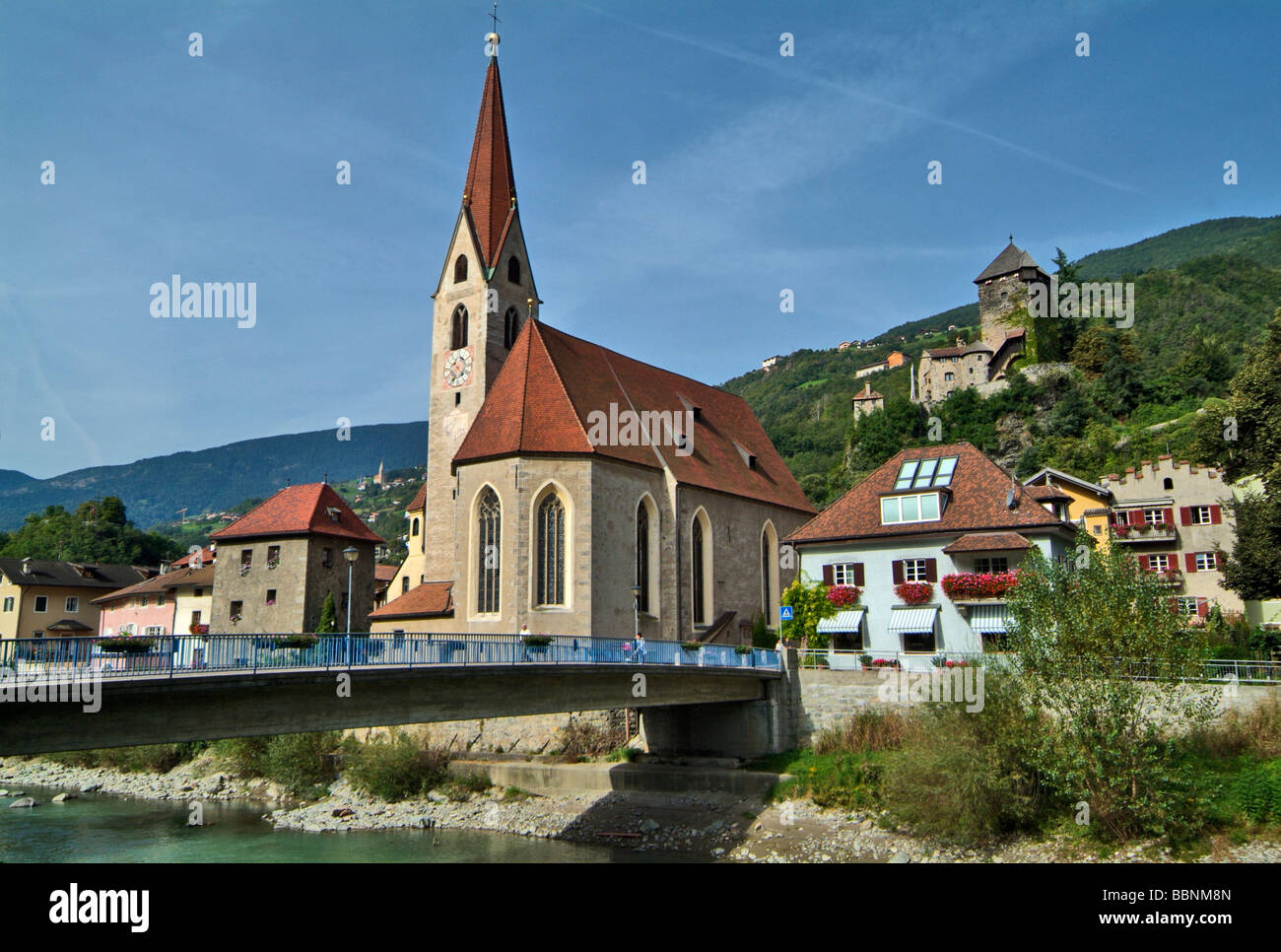 geography / travel, Italy, South Tyrol, church San Andrea, Branzoll Castle, Klausen (Chiusa), Eisack Valley, Additional-Rights-Clearance-Info-Not-Available Stock Photo