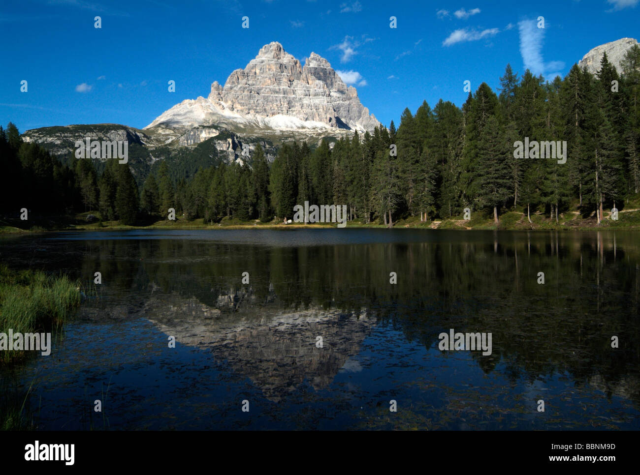 geography / travel, Italy, Veneto, reflexion of mountain summits in Lake Antorno, Additional-Rights-Clearance-Info-Not-Available Stock Photo