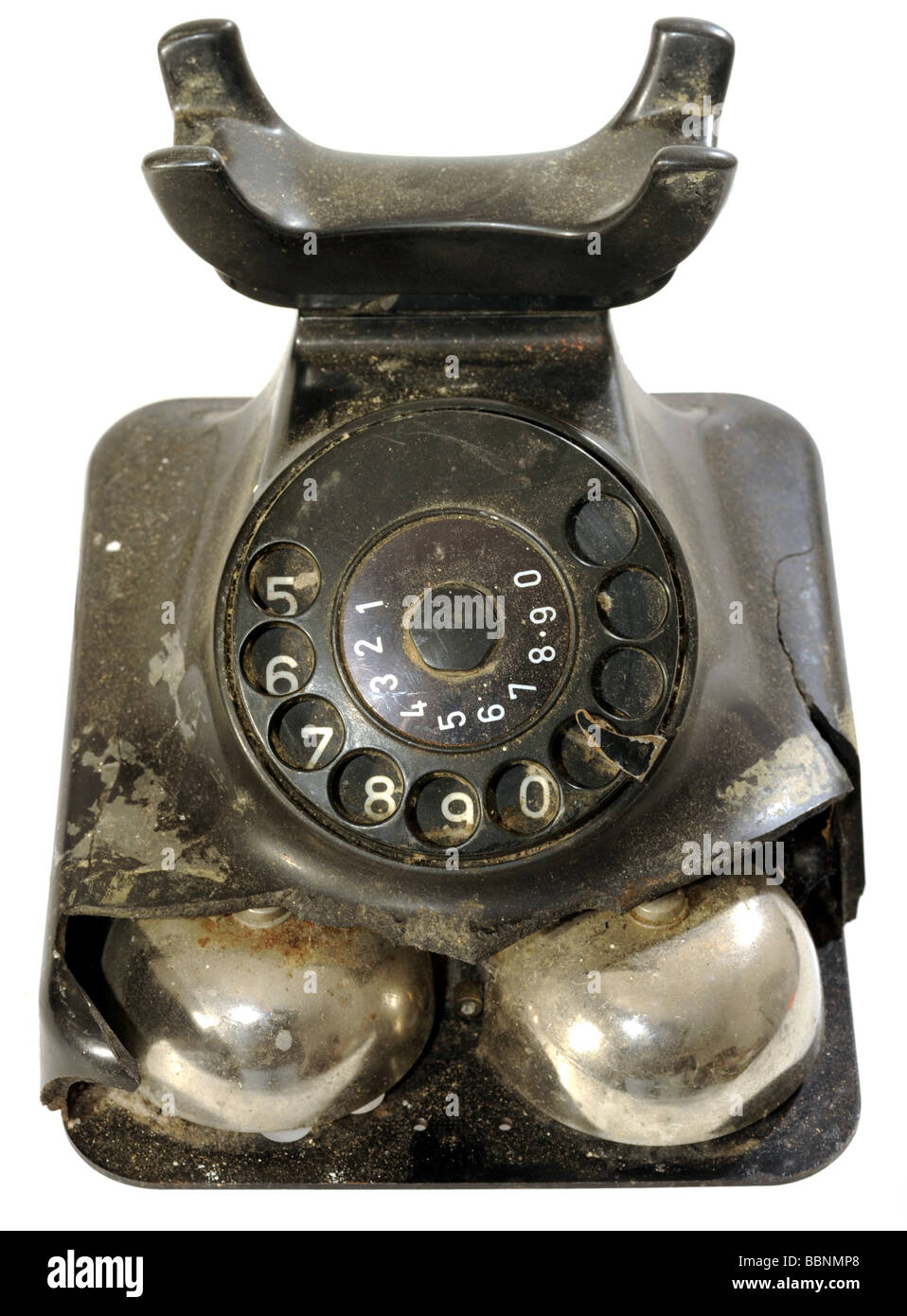 technics, telephone, typ W 48, damaged, Germany, 1961, faulty, damage, case, dial, dirt, dirty, apparature, phone, 1960s, 60s, historic, historical, 20th century, clipping, cut out, cut-out, cut-outs, Stock Photo