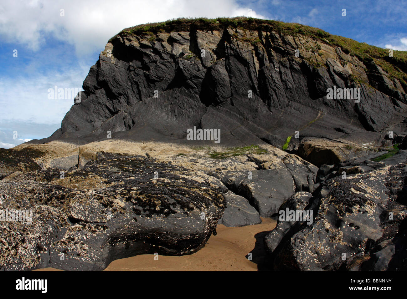 Slate cliffs at Musselwick sands Pembrokeshire coastline geographical feature St Brides Bay Stock Photo