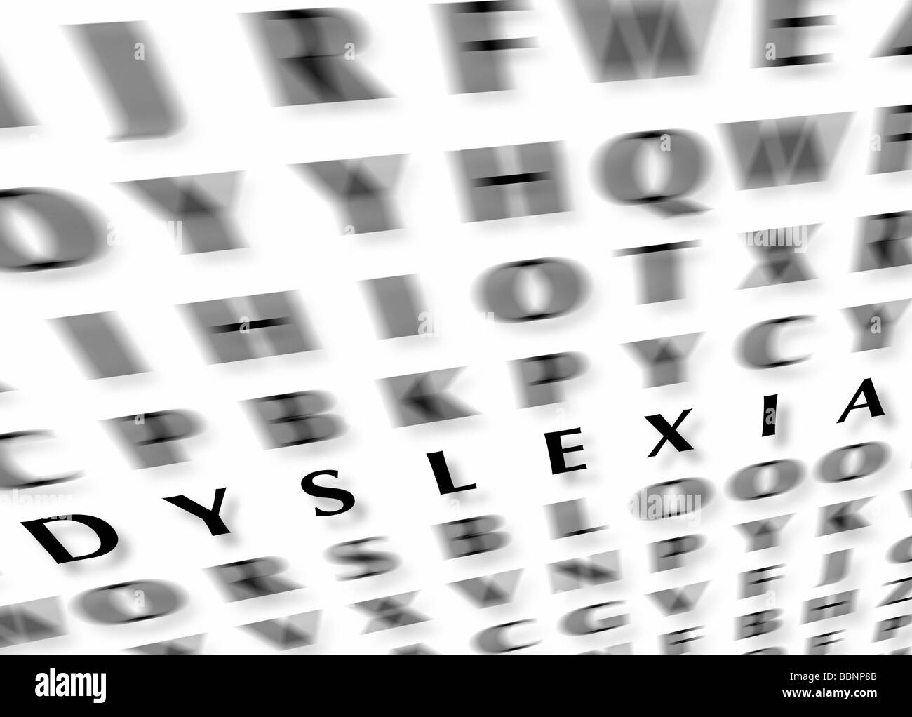 DYSLEXIA CONCEPT The word Dyslexia with random blurred letters on white background. Illustration Stock Photo