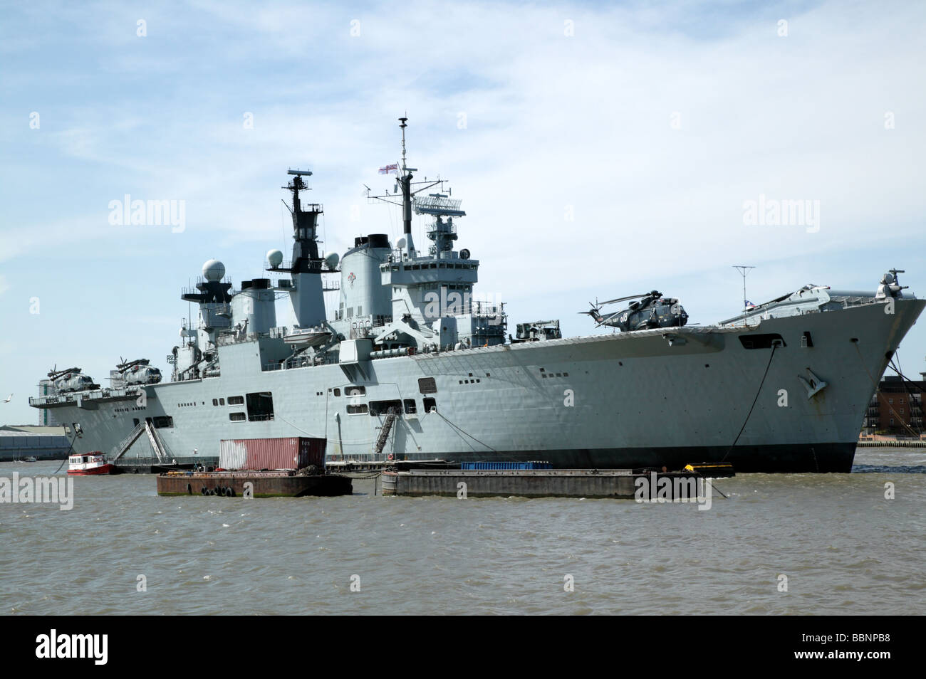 HMS Illustrious moored at Greenwich as part of the Fly Navy 100 celebrations. Stock Photo