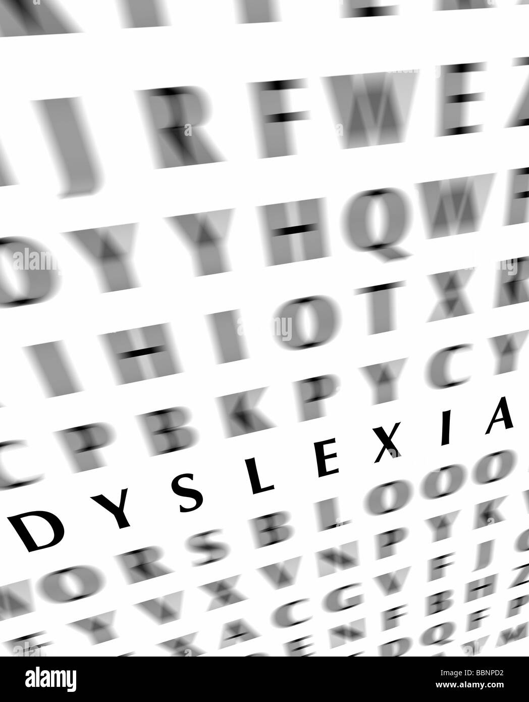 DYSLEXIA CONCEPT The word Dyslexia with random blurred letters on white background. Illustration Stock Photo