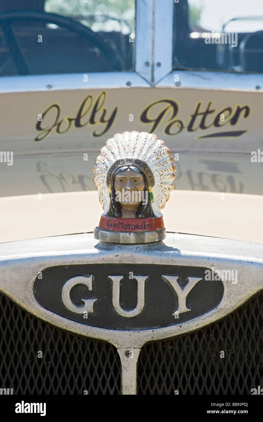 Grill car old classic vintage heritage chrome badge collectors Guy Motors Red Indian coach Stock Photo