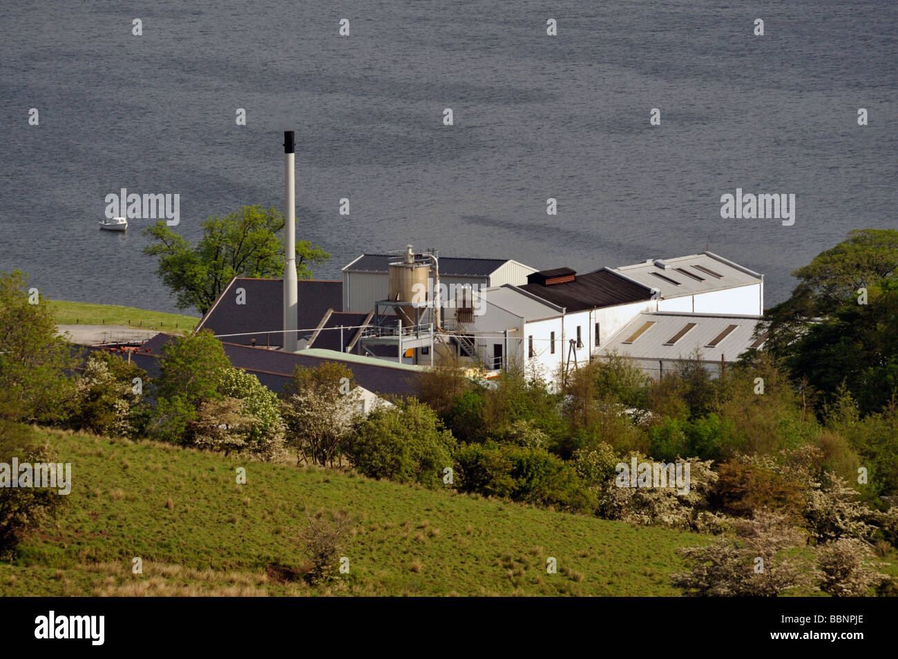 Talisker whisky distillery. Carbost, Loch Harport, Minginish, Isle of Skye, Inner Hebrides, Scotland, United Kingdom, Europe. Stock Photo