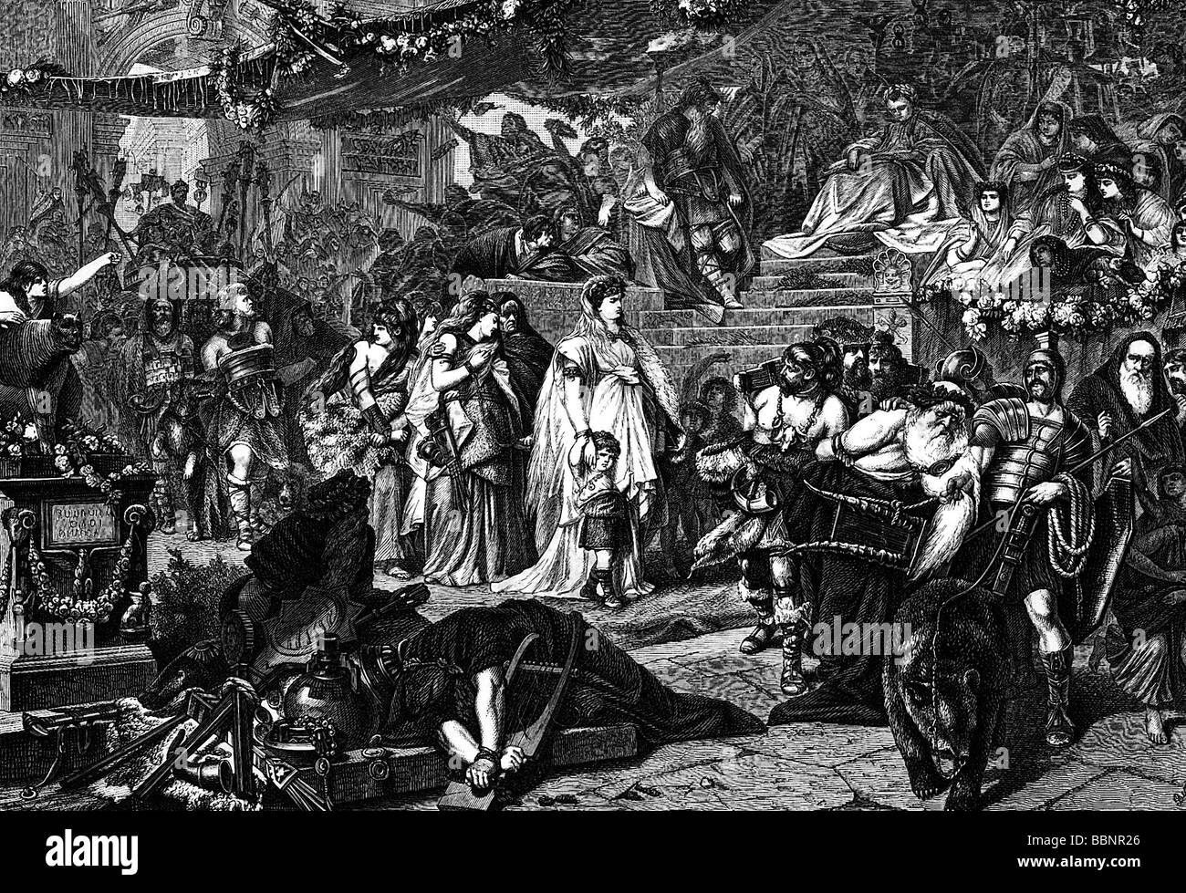 Thusnelda, circa 10 BC - 17 AD, wife of Arminius, scene, as slave in the triumphal procession of the Roman commander Germanicus 17 AD, wood engraving after painting by Piloty, 19th century, Artist's Copyright has not to be cleared Stock Photo