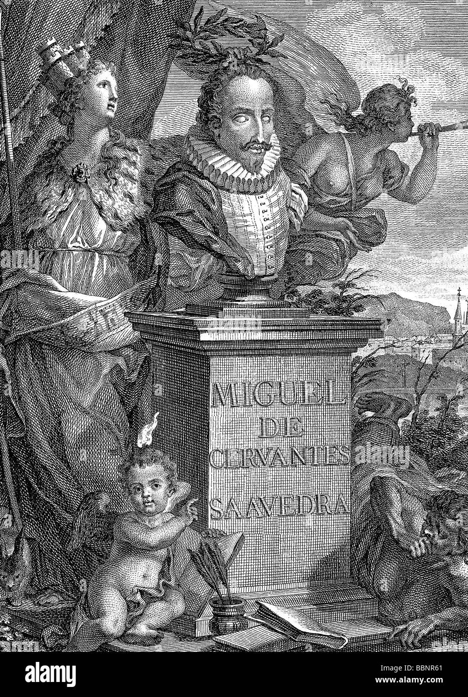 Cervantes, Miguel de, 29.9.1547 - 23.4.1616, Spanish author / writer (poet, novelist), half length, copper engraving by Duflos, 2nd half of the 18th century, Artist's Copyright has not to be cleared Stock Photo