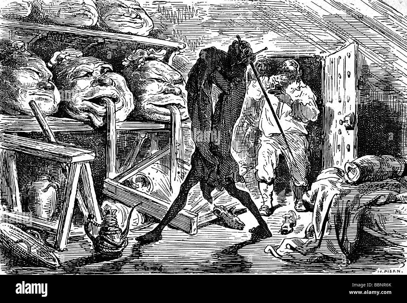 Don Quixote, literary character of the novel by Miguel Cervantes Saavedra (1547 - 1616), fighting against wine boxes, after drawing by Gustave Dore, 1863, Artist's Copyright has not to be cleared Stock Photo