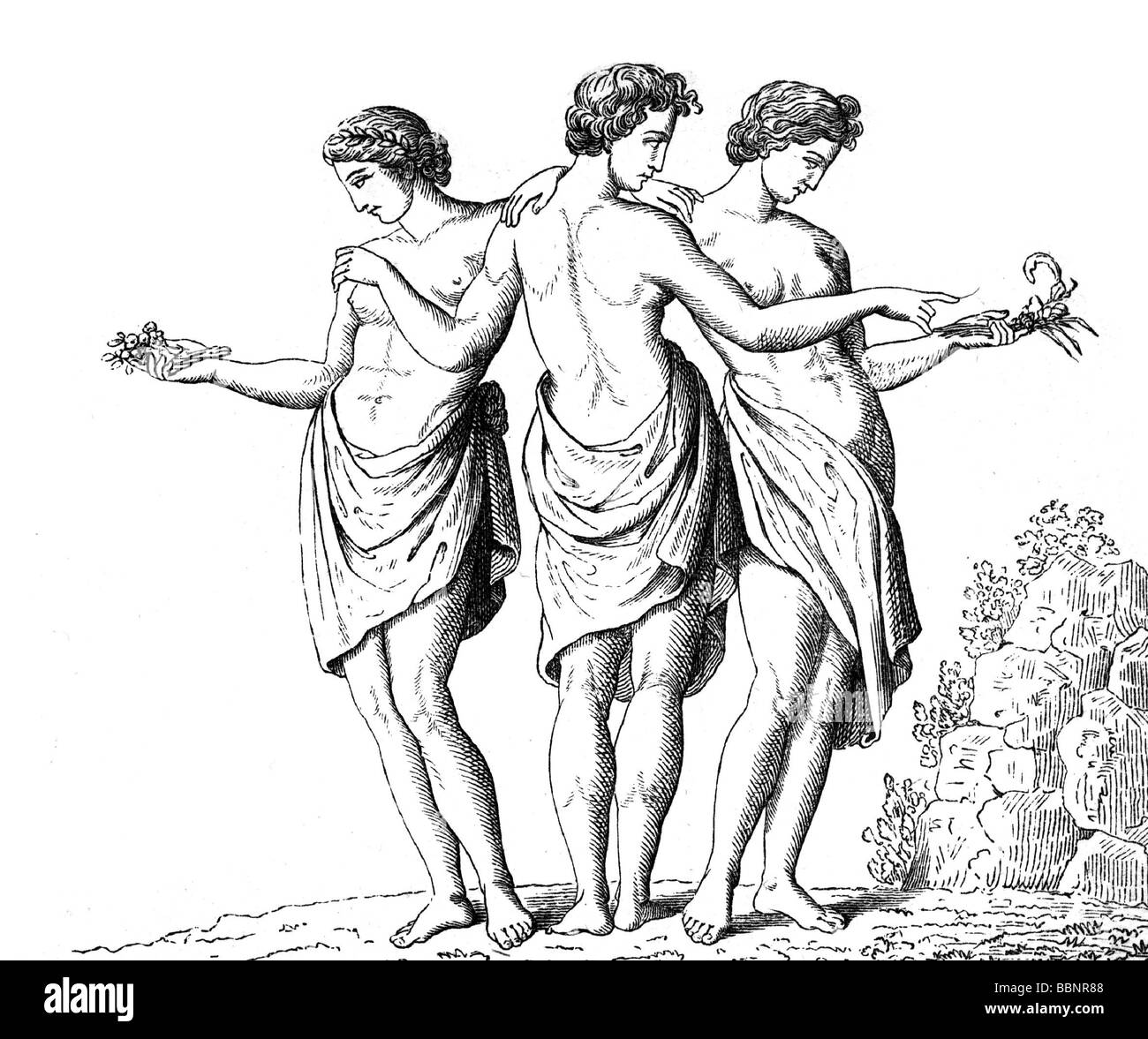 Charites, Greek goddesses, Aglaea ('Beauty'), Euphrosyne ('Mirth') and Thalia ('Good Cheer'), after ancient mosaic, wood engraving, 19th century, Stock Photo