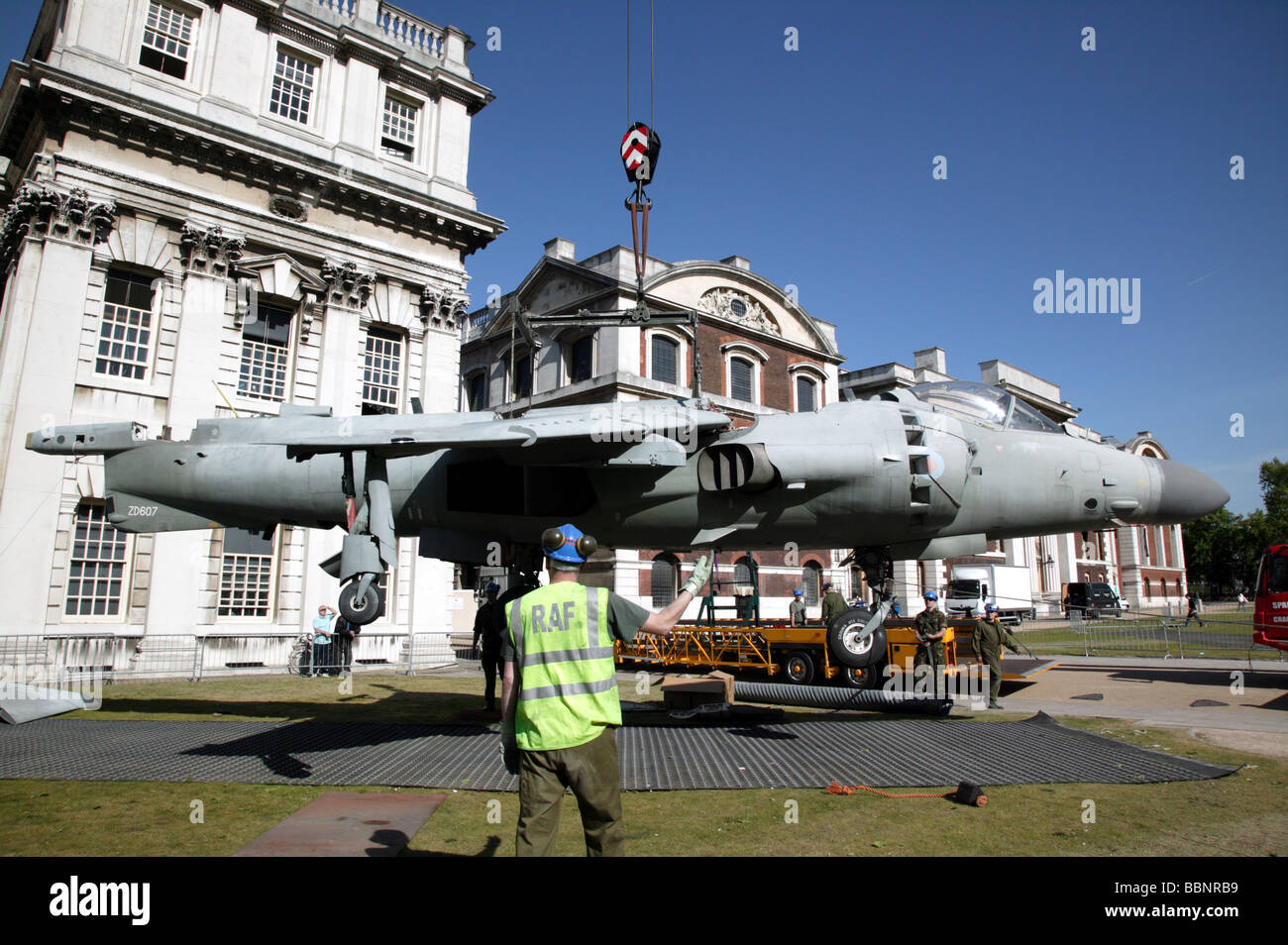 Sea Harrier FA2 being loaded onto a flatbed trailer for transport after being on static display at the Old Royal Naval College Stock Photo