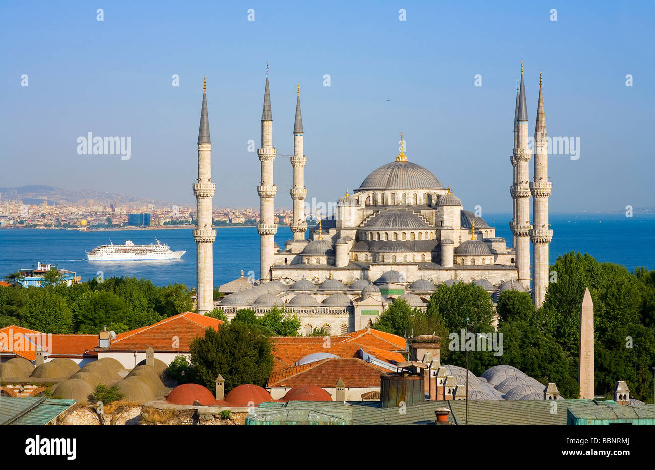 The Blue Mosque Sultan Ahmet Camii looking across the Bosphorus in background Istanbul Turkey Stock Photo