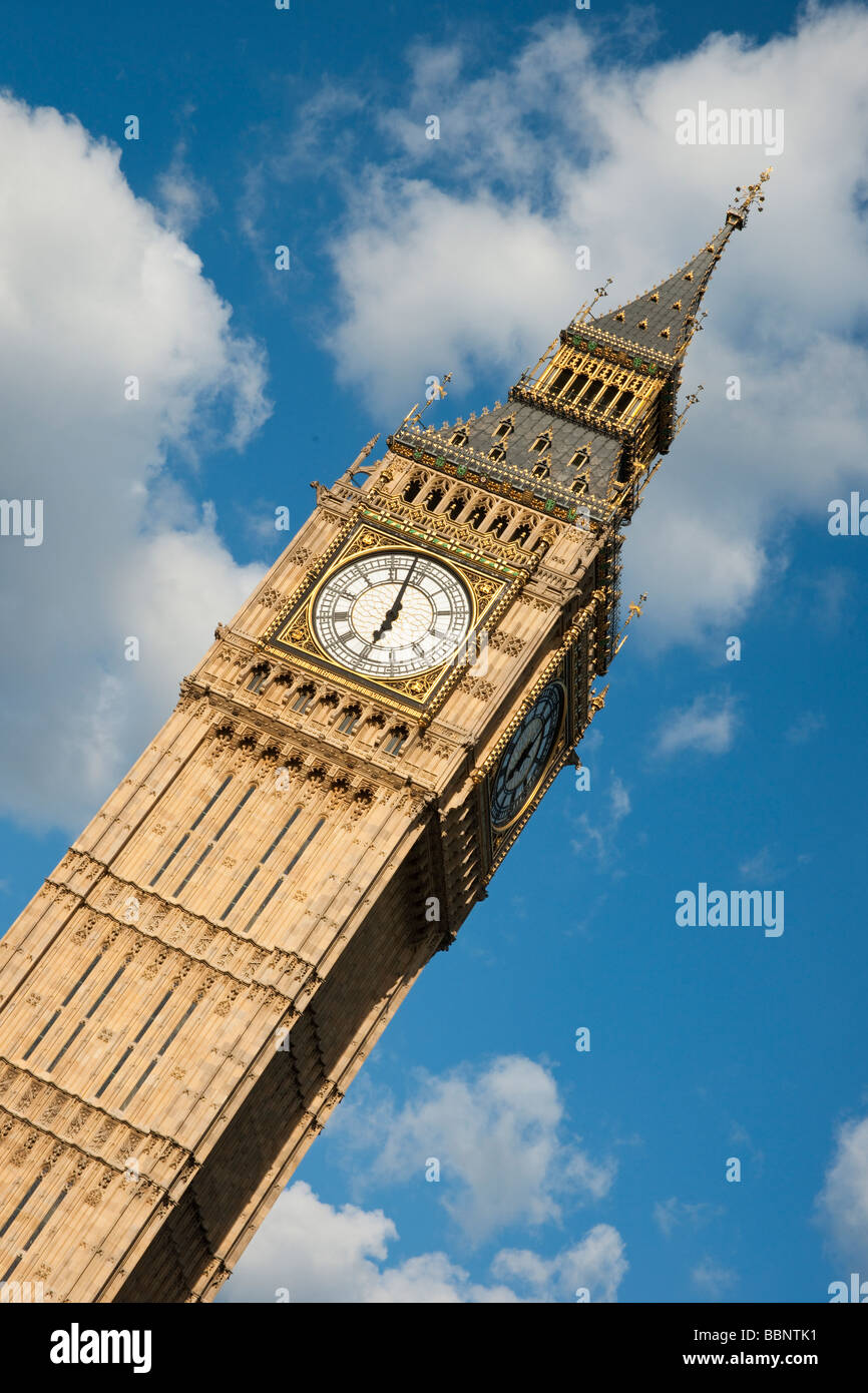 Detail of clock face of Big Ben London against blue sky Stock Photo