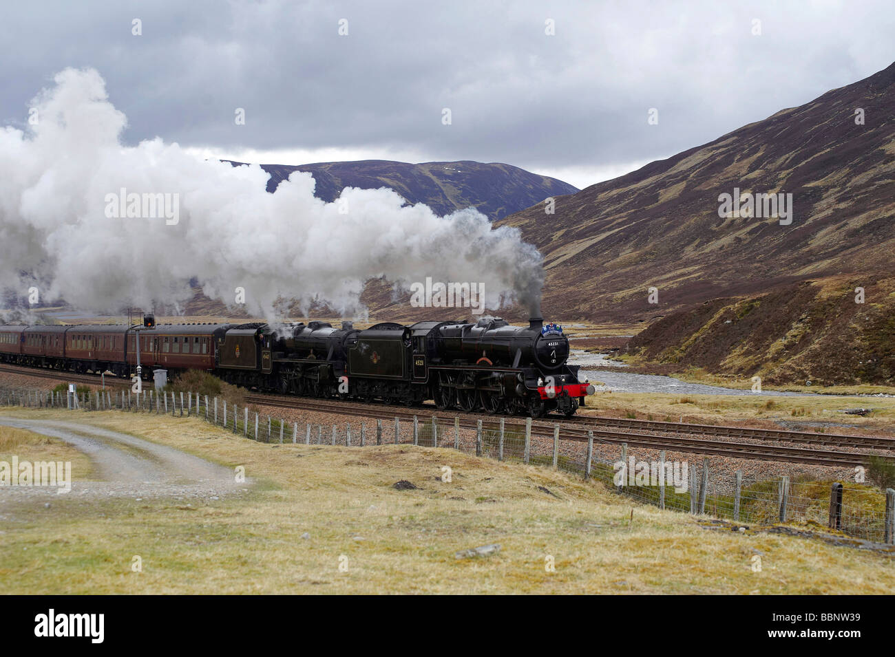 The Great Britain Railtour, between Perth and Inverness, Highland Scotland, steam hauled by two LMS Black 5 Locomotives Stock Photo