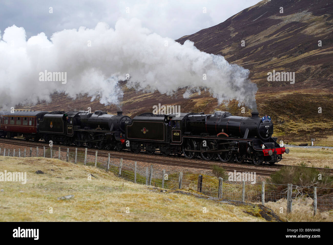 The Great Britain Railtour, between Perth and Inverness, Highland Scotland, steam hauled by two LMS Black 5 Locomotives Stock Photo