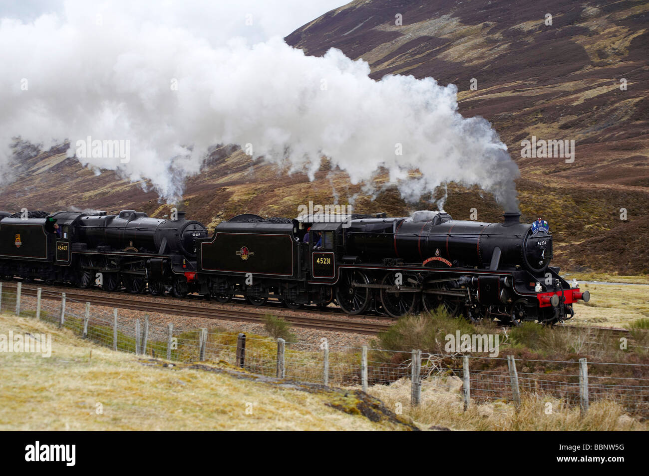 The Great Britain Railtour, between Perth and Inverness, Highland Scotland, steam hauled by two LMS Black 5 Locomotives Stock Photo