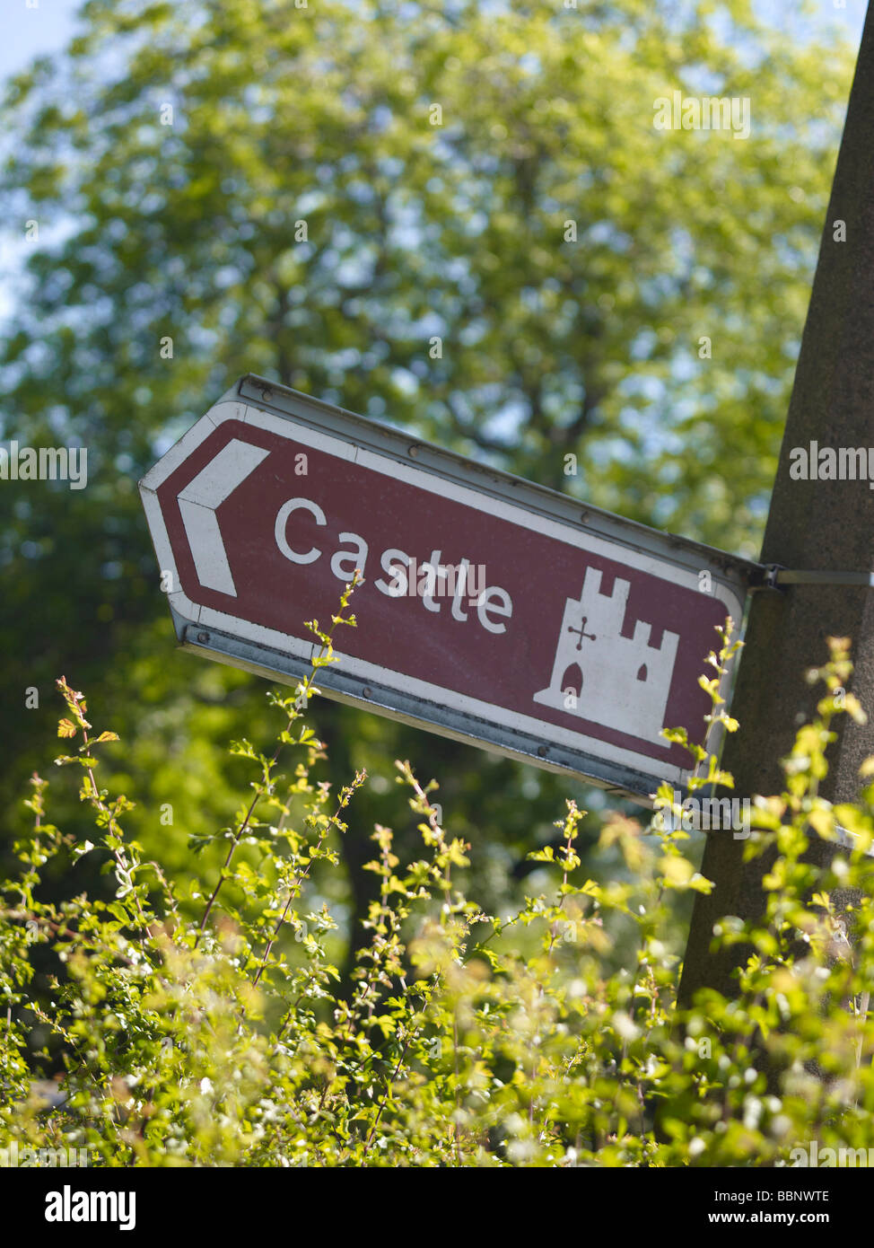 Castle sign at Conisbrough Castle, Nr Doncaster, South Yorkshire, Northern England Stock Photo