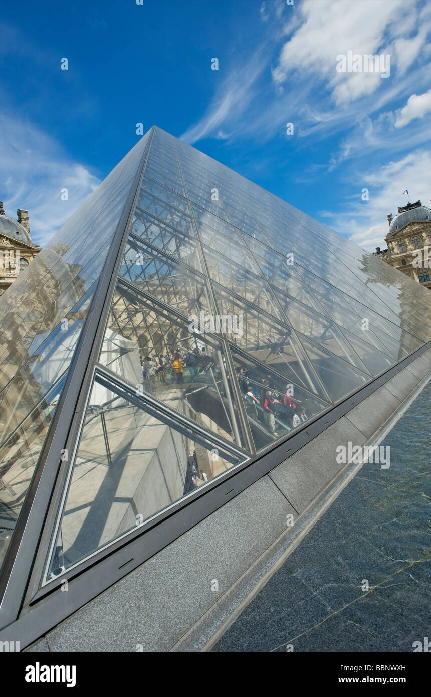 Close up of the Glass Pyramid entrance to the Louvre Museum in Paris ...