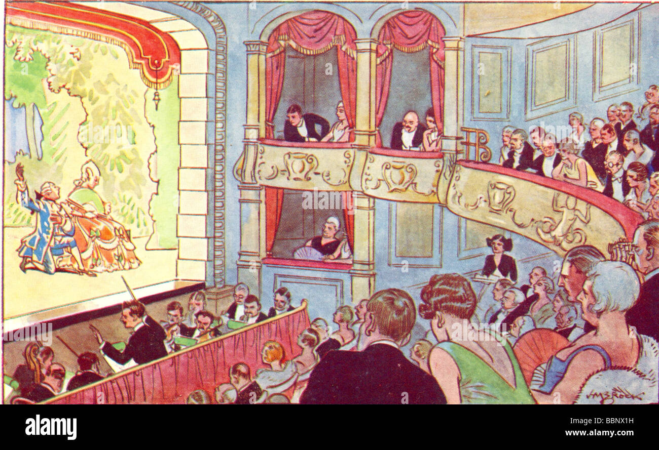 The Theatre from Bell's New French Picture Cards Set II by H M Brock circa 1925 Stock Photo
