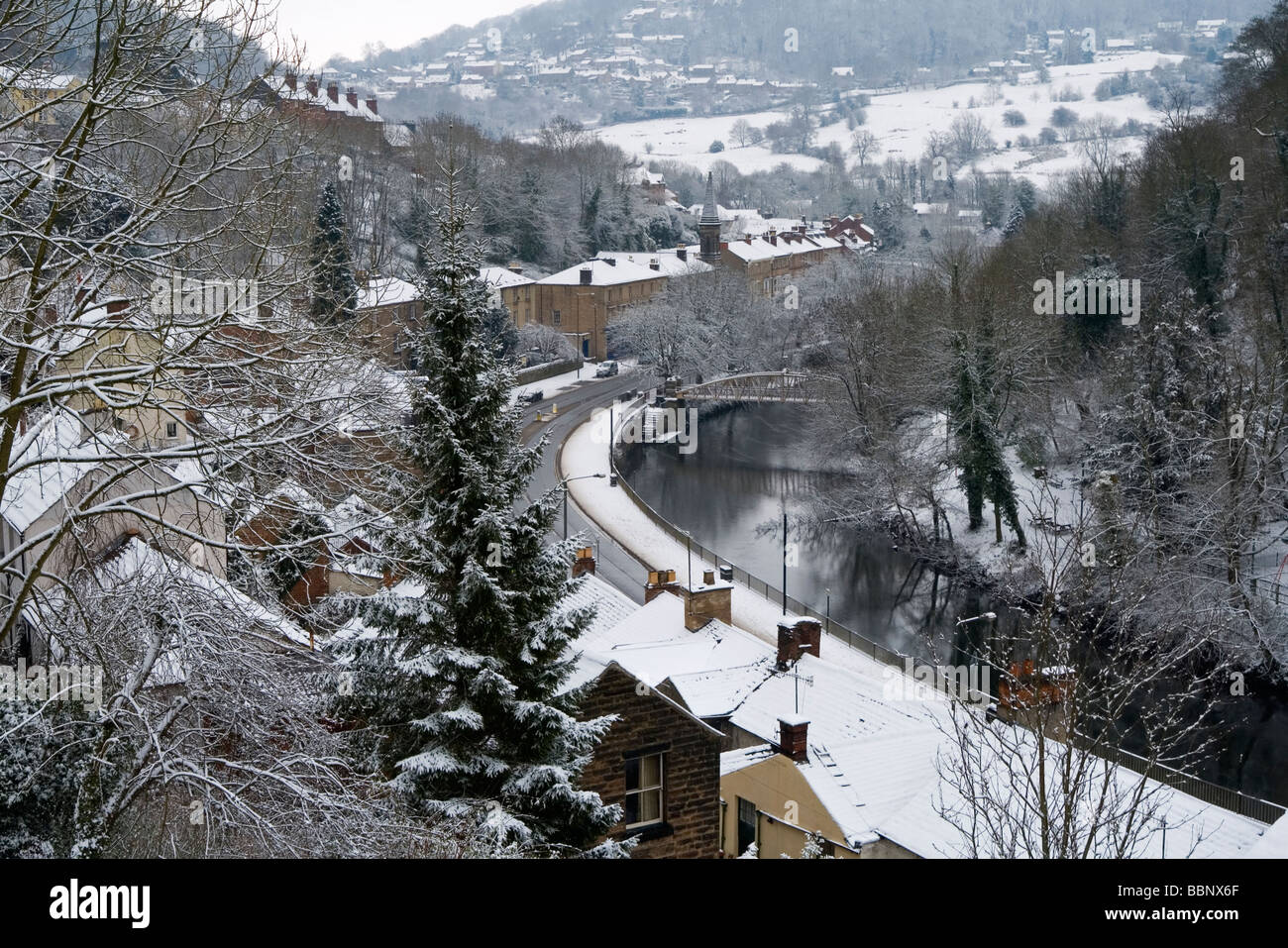 Snow scene in the hillside village of Matlock Bath in the Derbyshire Peak District England UK Stock Photo