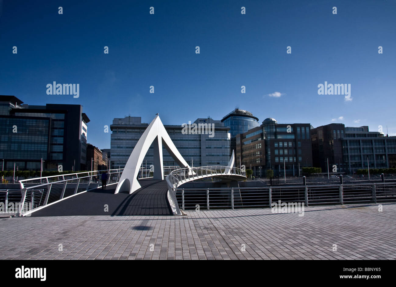 Tradeston Squiggly Bridge take at day time connecting the Financial District of Glasgow City Centre with the southside. Stock Photo