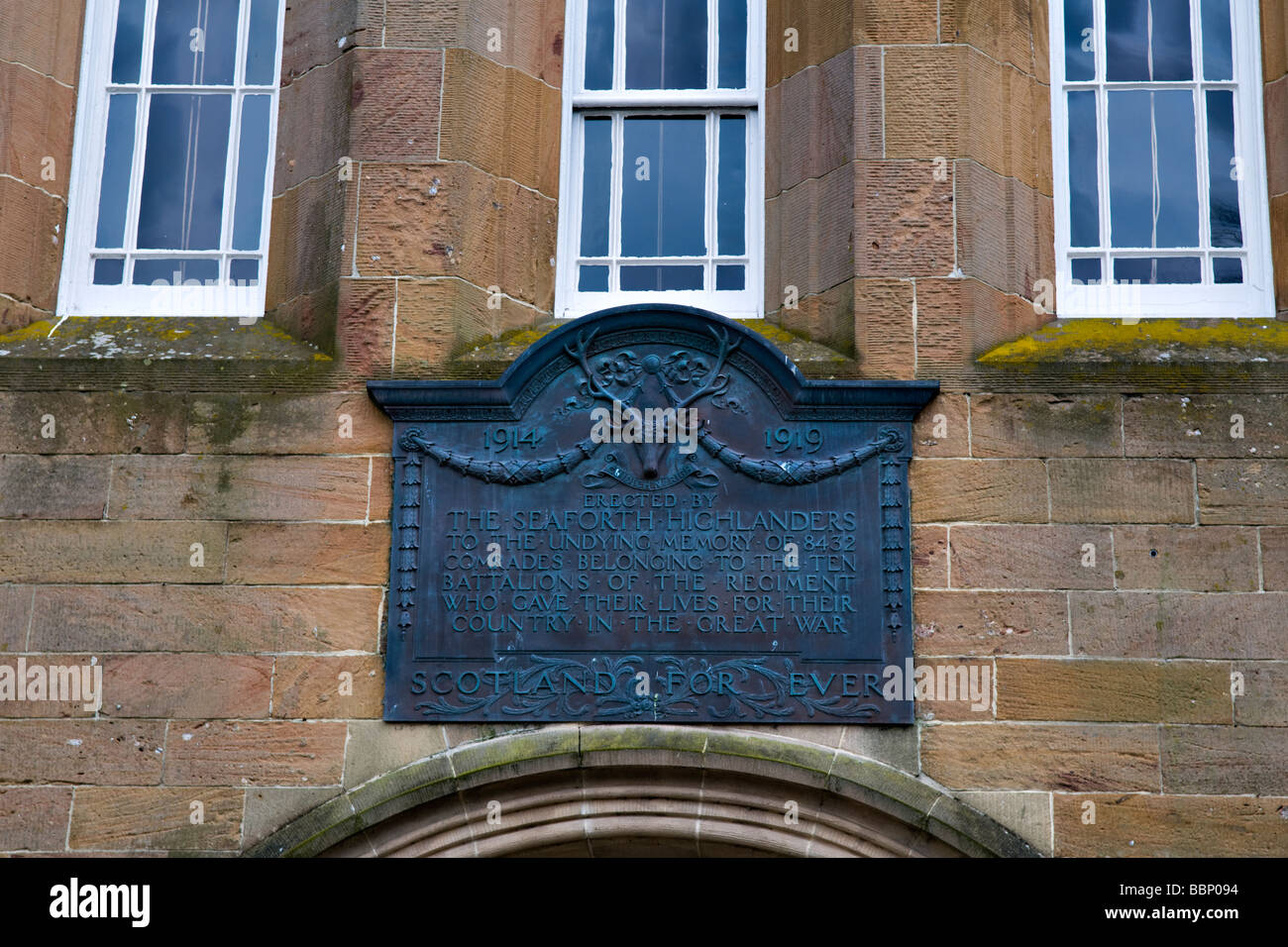 Seaforth Highlanders commemorative plaque on Sheriff Court House, Dornoch, East coast in Sutherland, Scotland Stock Photo