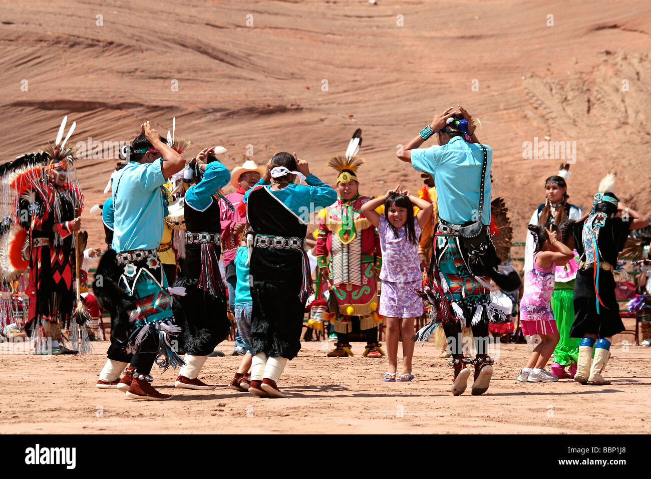 Native American Indian dancers performing the rabbit dance Stock Photo