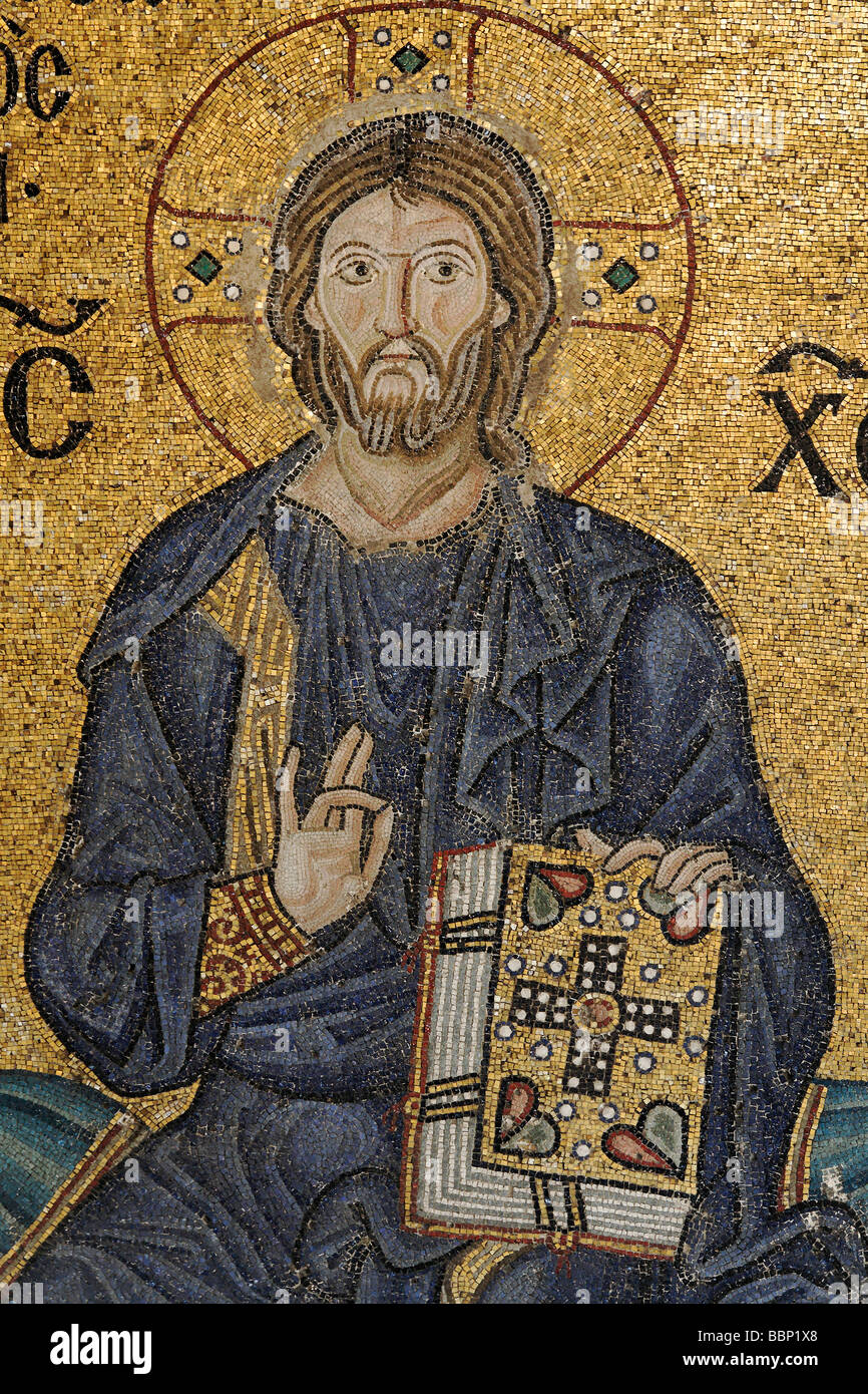 Christ figure with a bible, Byzantine mosaic, Hagia Sophia, Aya Sofya, Sultanahmet, Istanbul, Turkey Stock Photo
