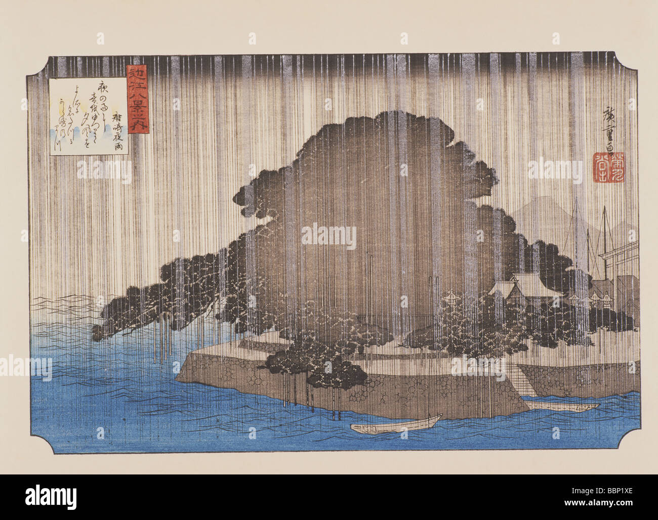 Utagawa Hiroshige, Eight Views of Omi, The evening rain at Karasaki, Stock Photo