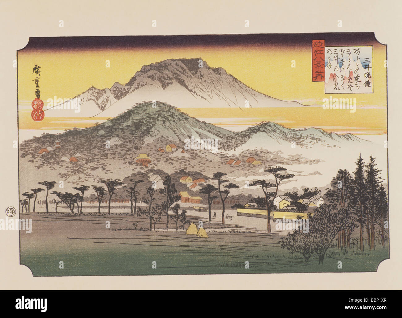 Utagawa Hiroshige, Eight Views of Omi, The evening gong at Mii, Stock Photo