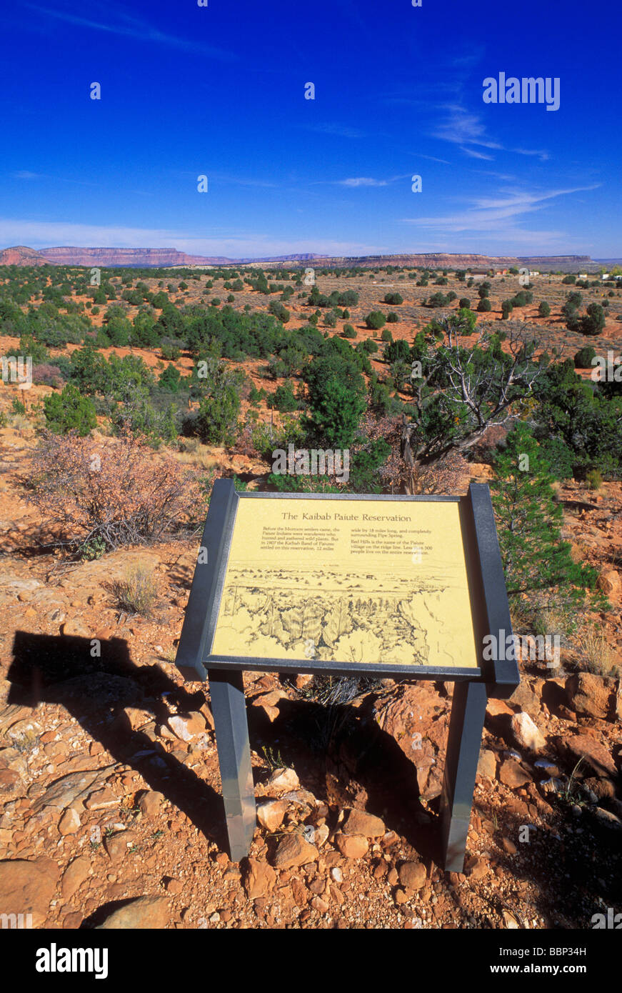 Sign along the loop trail describing the Kaibab Paiute Reservation Pipe Spring Pipe Spring National Monument Arizona Stock Photo