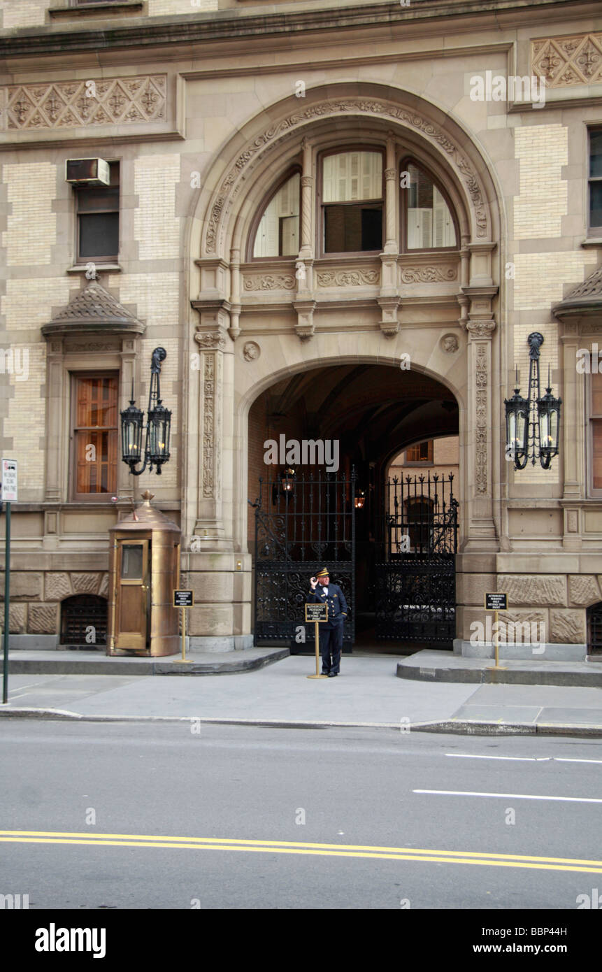 Doorman outside main entrance to the Dakota Building (West 72nd St elevation), New York, where John Lennon was murdered in 1980. Stock Photo