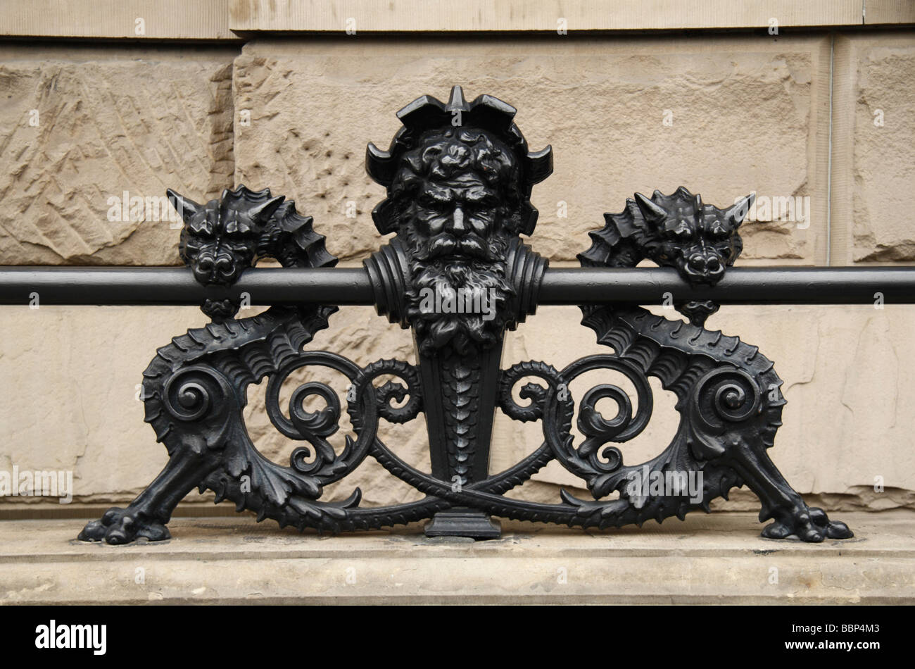 Close up of a railing feature on the Dakota Building on West 72nd St Central Park West, New York. Stock Photo