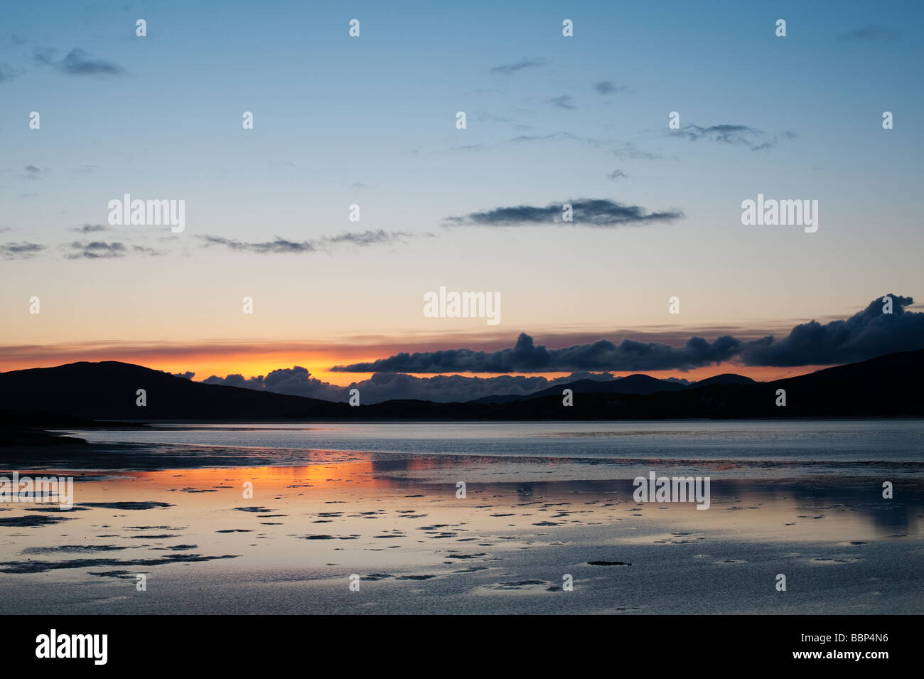 Sunset over Luskentyre estuary and Taransay, Isle of Harris, Outer Hebrides, Scotland, Stock Photo