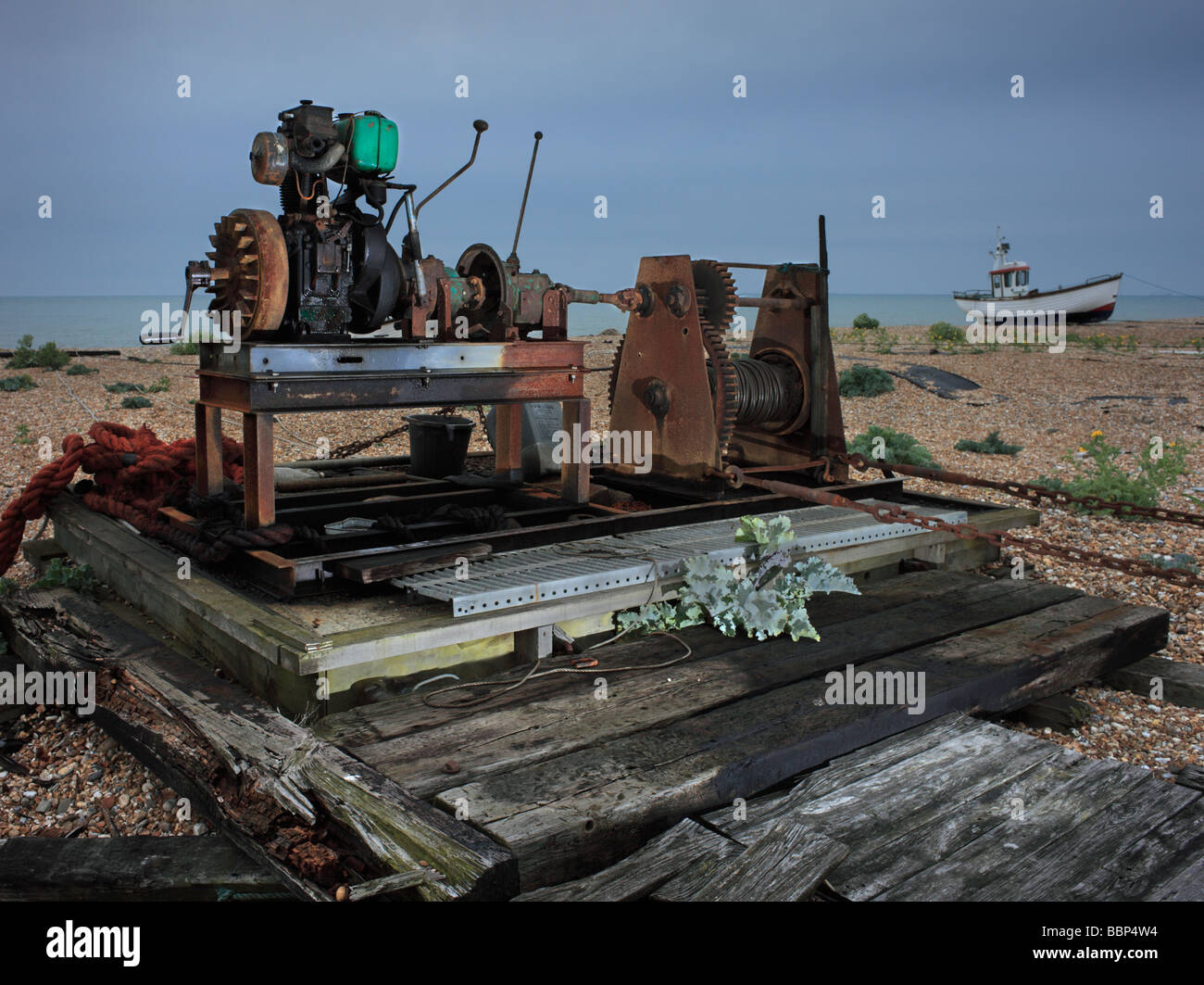 Winch for hauling boats. Dungeness Kent England UK Stock Photo