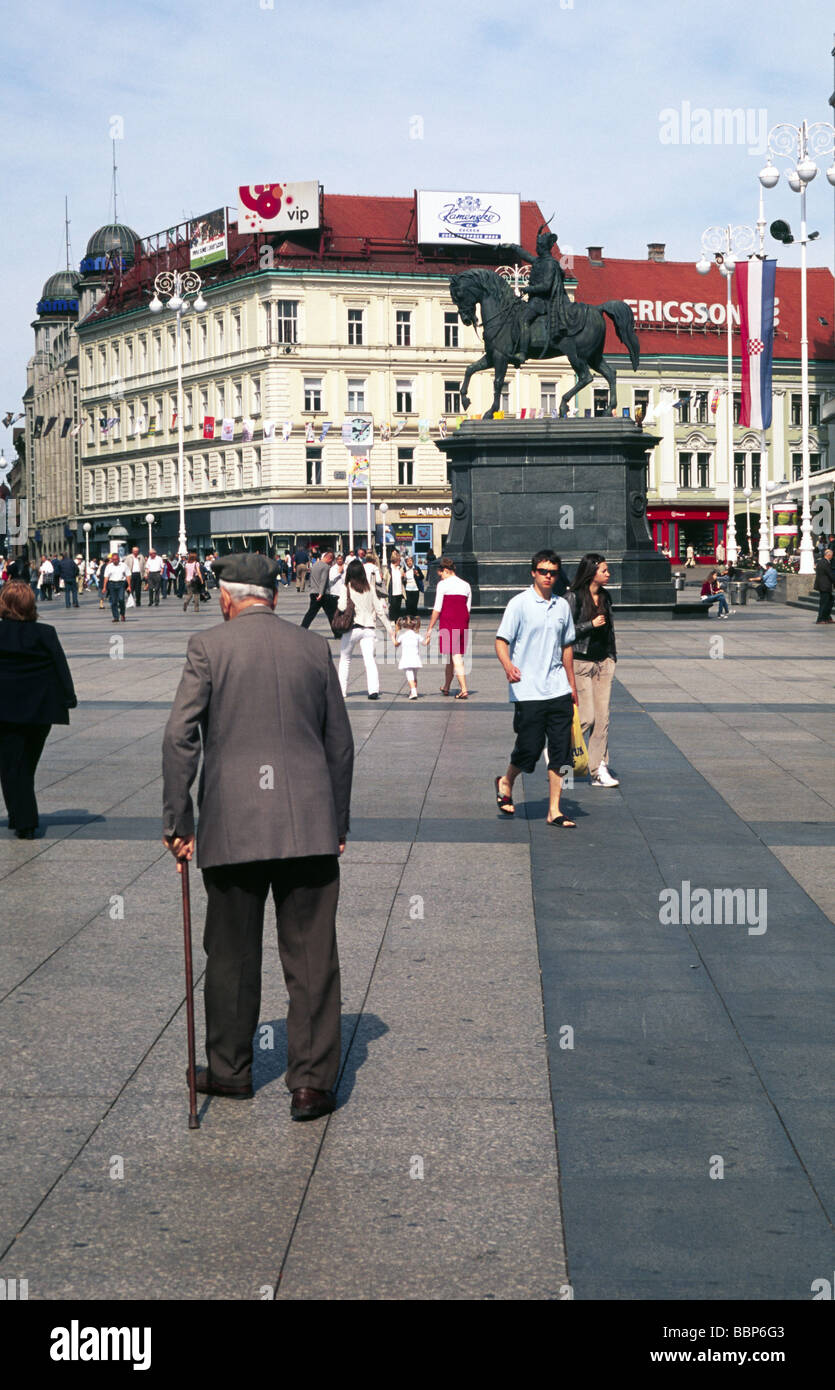 Senior citizen in morning walk, Jelacic square, Zagreb, Croatia Stock Photo