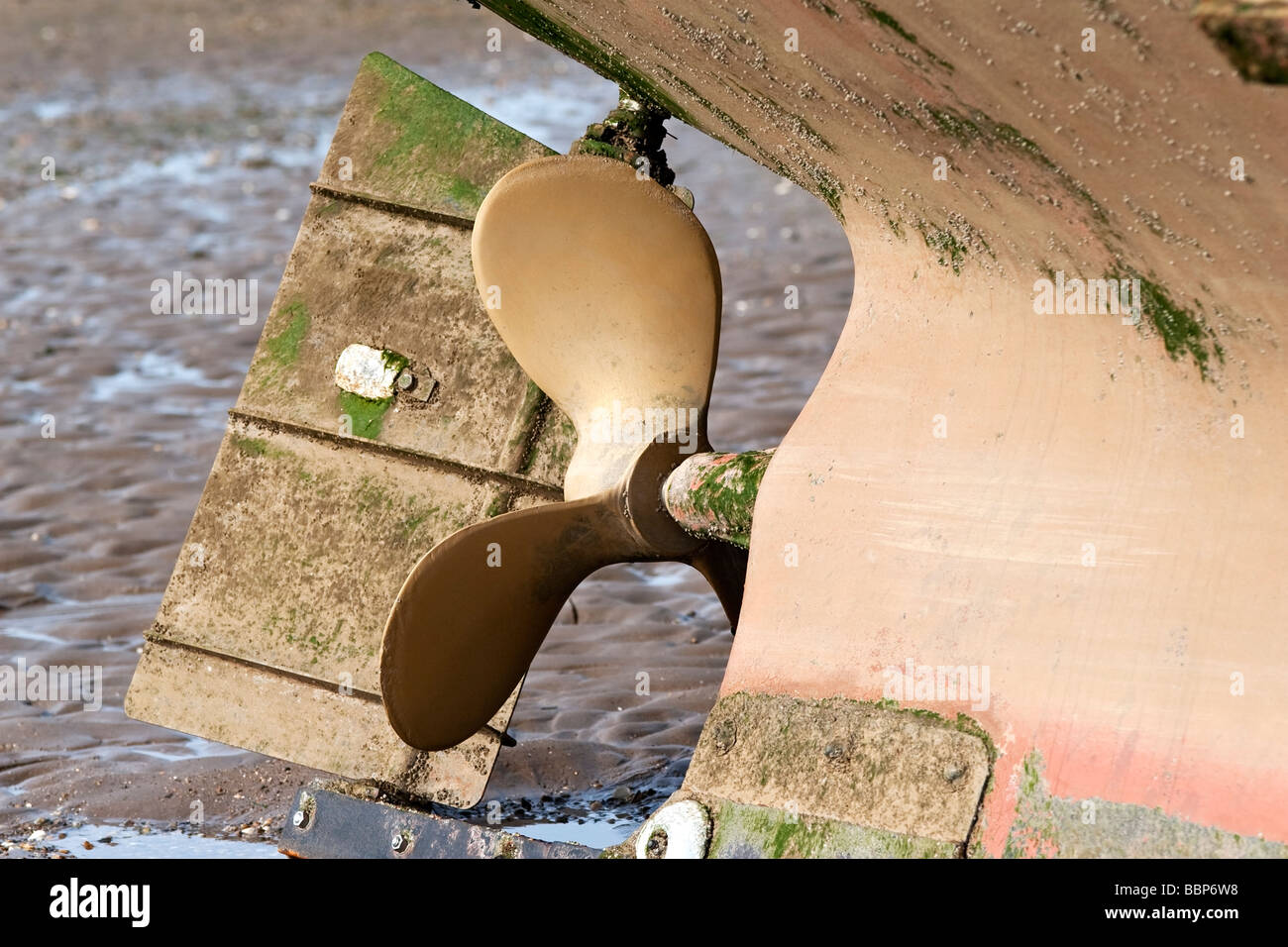 A boat propeller and steering rudder Stock Photo Alamy