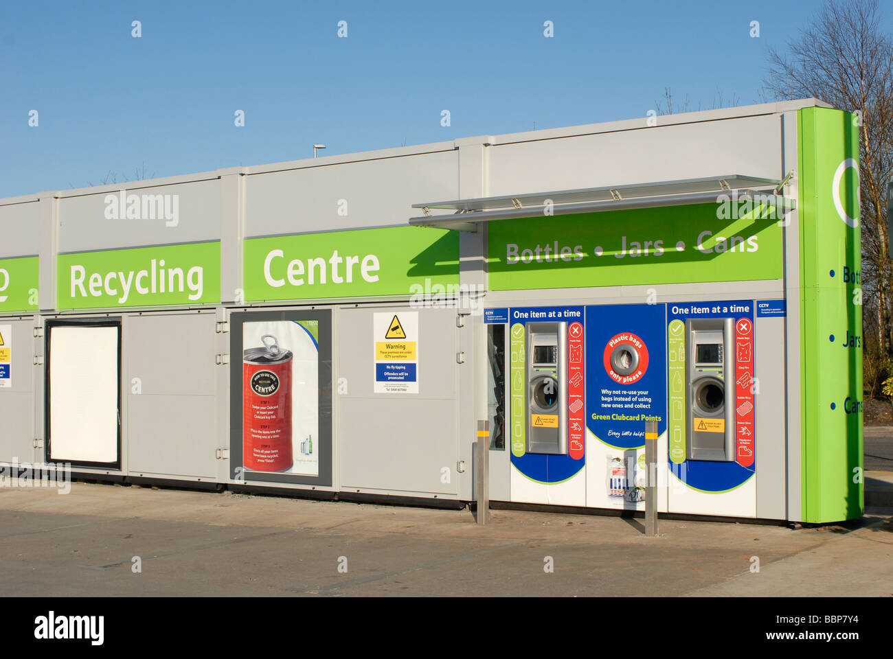 Recycling centre outside a Tesco supermarket in England. Stock Photo