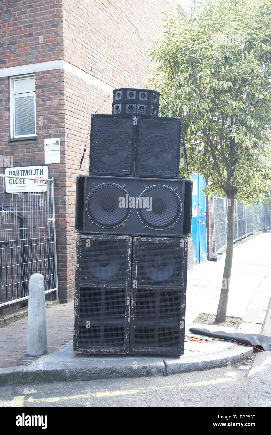 Speaker stack on the street at Notting Hill carnival Stock Photo