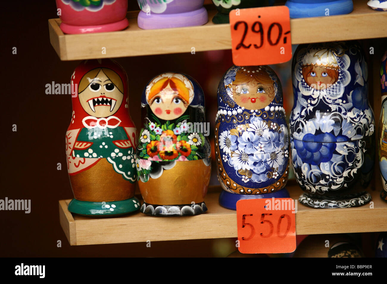 Russian dolls at a tourist shop in a shopping street in Prague Stock