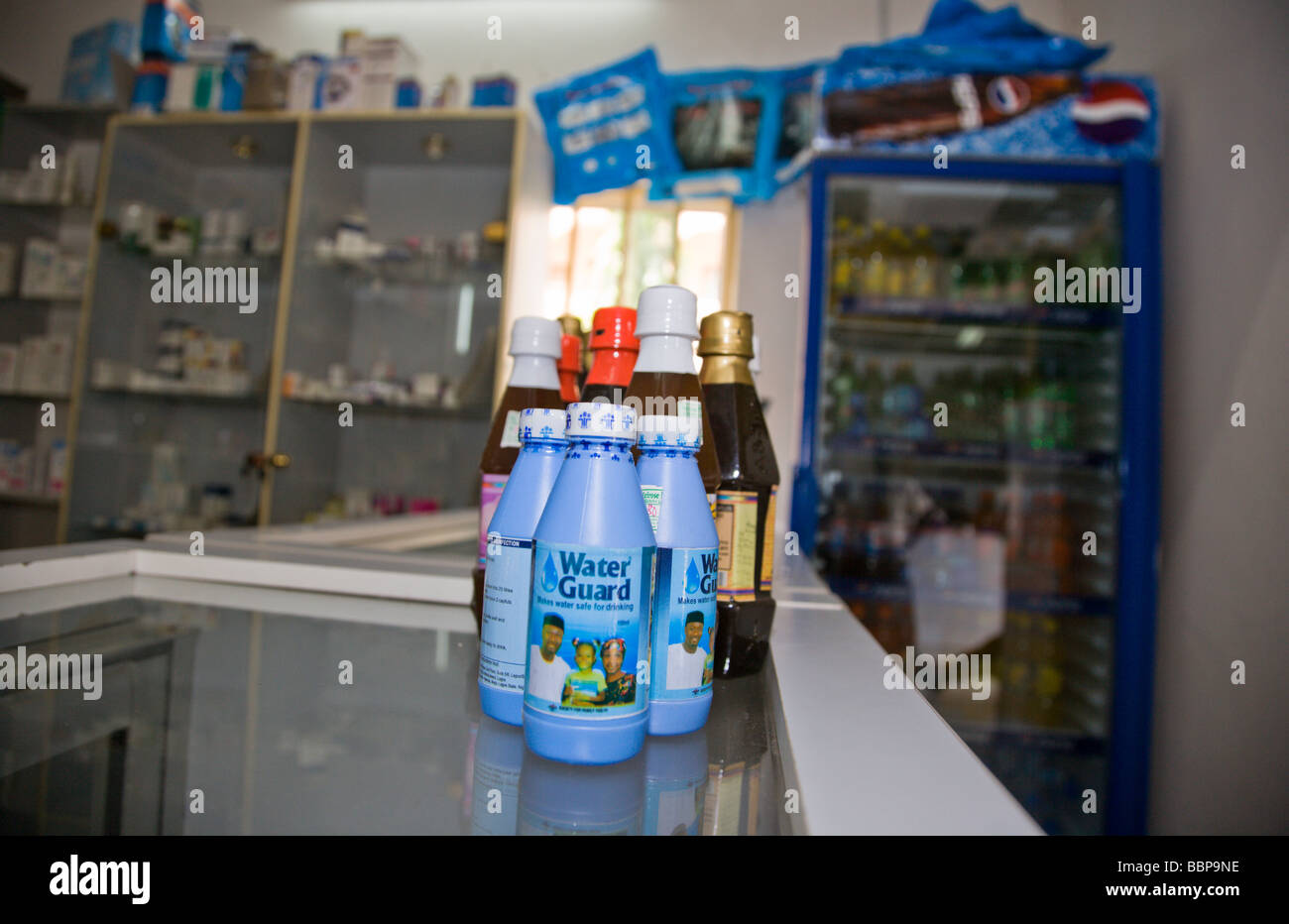 Waterguard, a chlorine product that makes water safe to drink, is on sale at a pharmacy in the Garki area of Abuja, Nigeria. Stock Photo